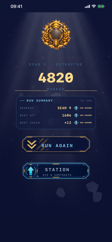 Run summary showing deepest seam, best hit and best chain